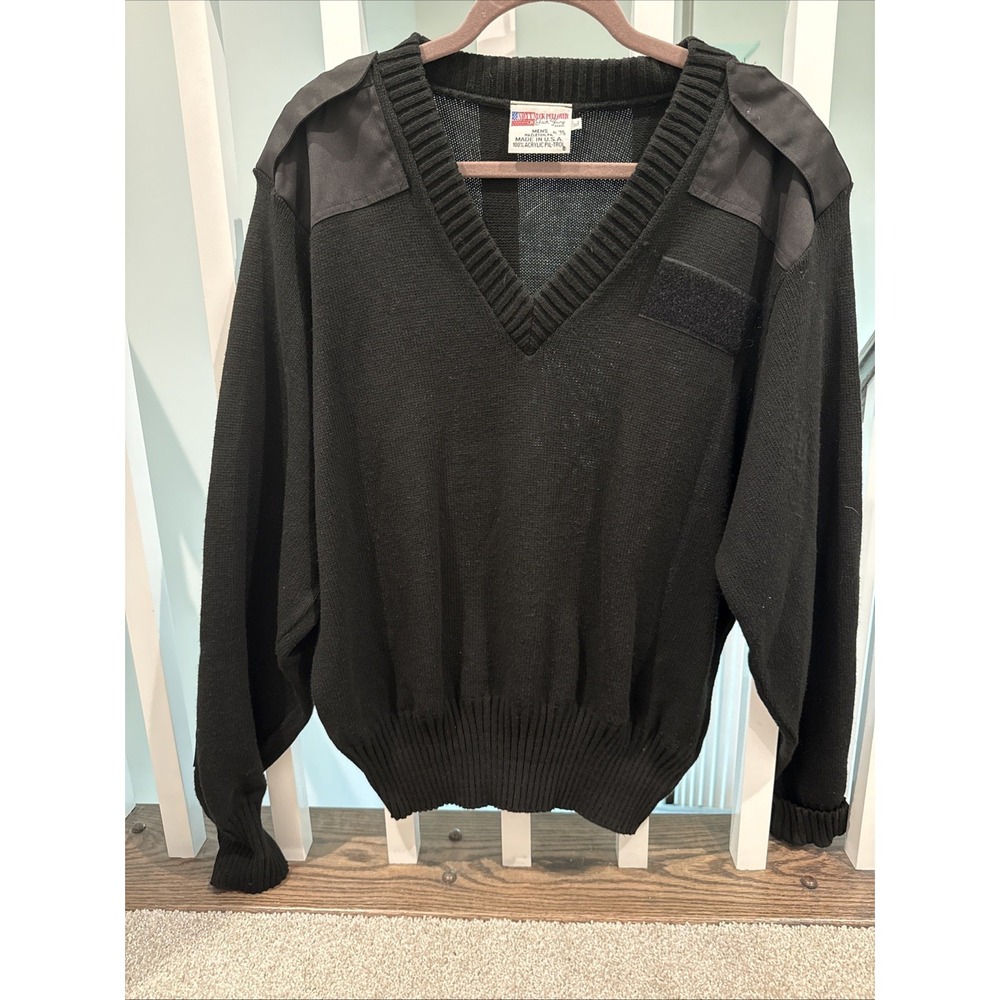 JACK YOUNG ASSOCIATES Black V Neck Sweater Military Patches Elbow‎ Size XL